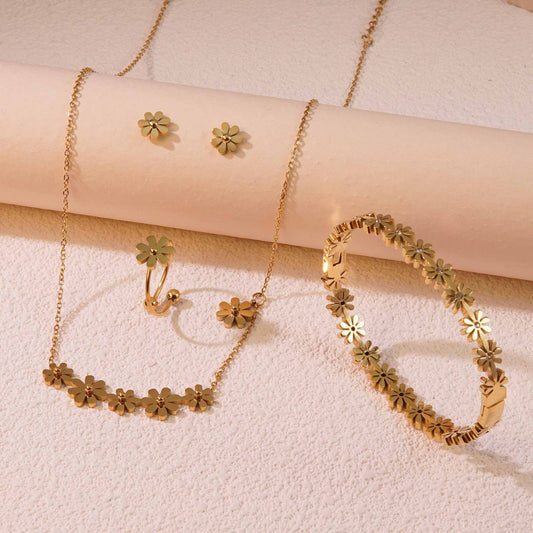 Elegant Stainless Steel Daisy Flower Jewelry Set Plated Necklace Earrings Bracelet for Women