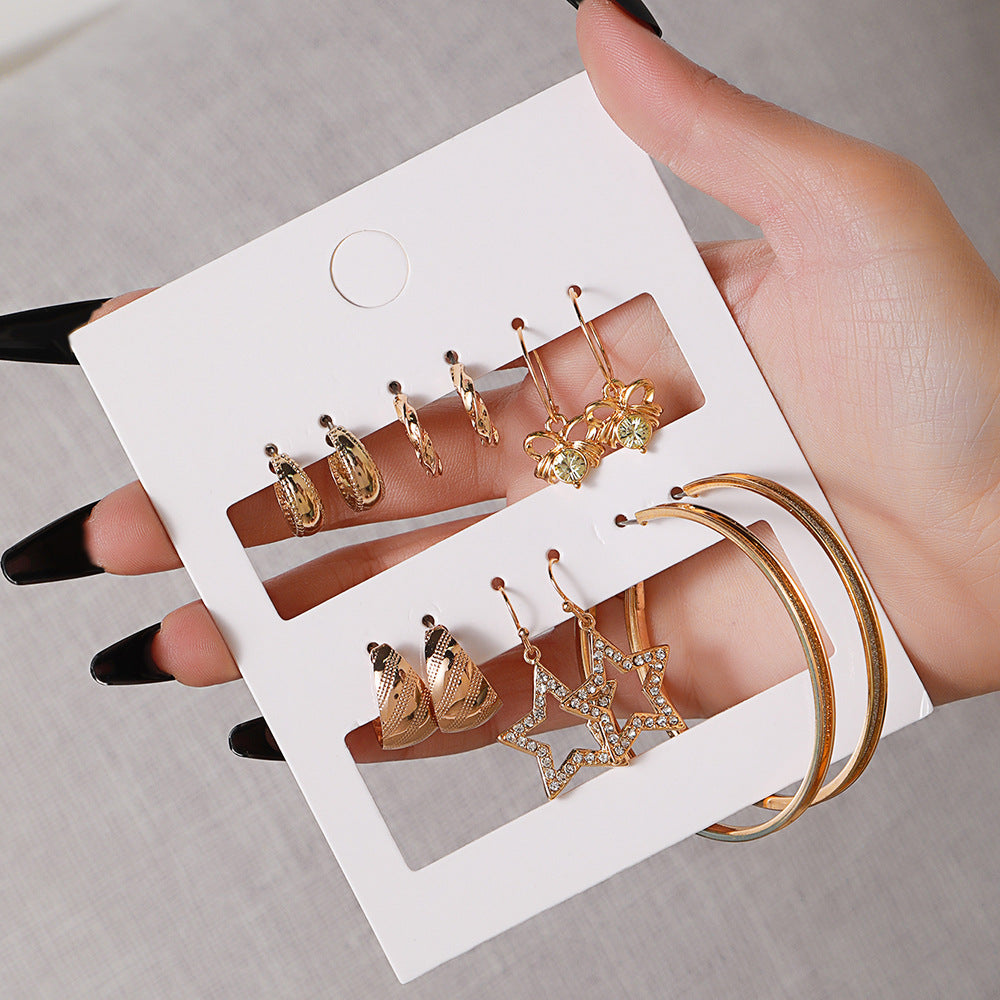 Minimalist Geometric Star Rhinestone Inlay Alloy Hoop Earrings Set