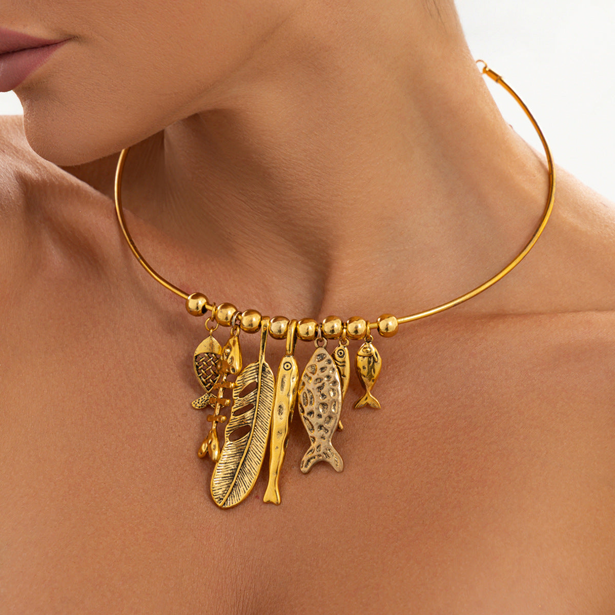 Vintage Geometric Fish Bone Pendant Zinc Alloy Brass Plated Ball Chain Choker Necklace