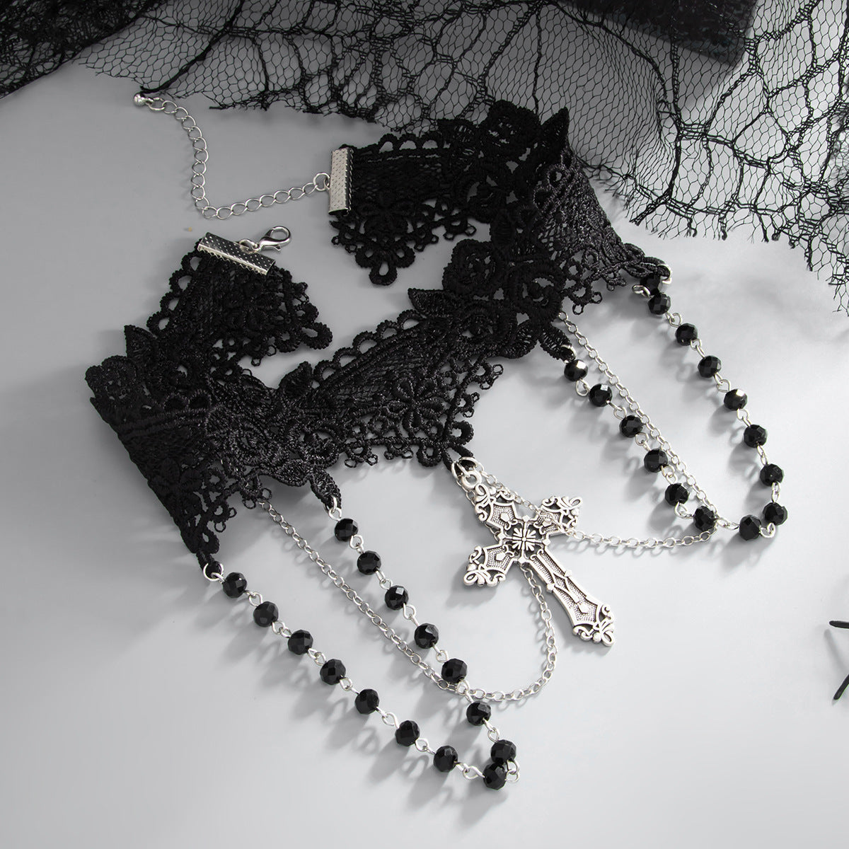 Vintage Gothic Geometric Cross Zinc Alloy Pendant Iron Plated Necklace with Crystal Tassel for Women
