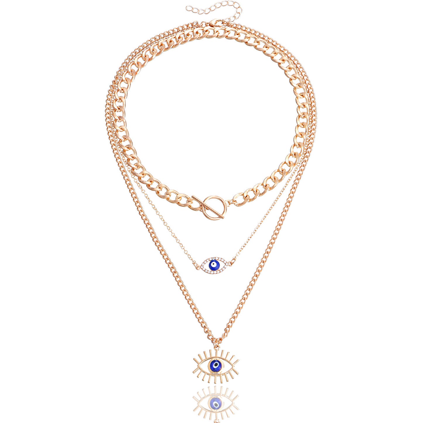Geometric Blue Evil Eye Pendant Necklace for Women with Alloy Body and Rhinestone Inlay, Plated Finish, Clavicle Chain