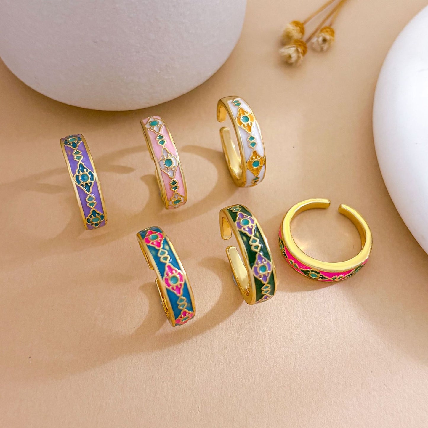 Vintage Sweet Geometric Polka Dot Gold Plated Brass Adjustable Ring for Women