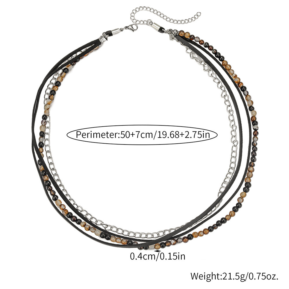 Personalized Geometric Black Agate Leather Spliced Chain Necklace for Men