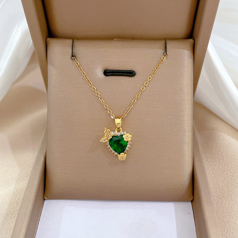 Collana con pendente a cuore geometrico in acciaio al titanio di lusso con intarsi in strass per donna