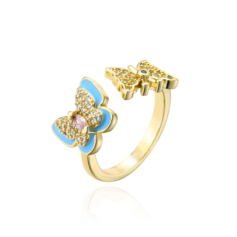 Anello a farfalla aperto stile naturale in rame placcato oro 18K con zirconi micro-incastonati