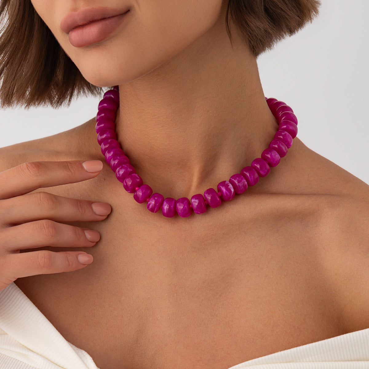 Sweet Geometric Gradient Resin Beaded Necklace Stainless Steel Chain Women's Jewelry