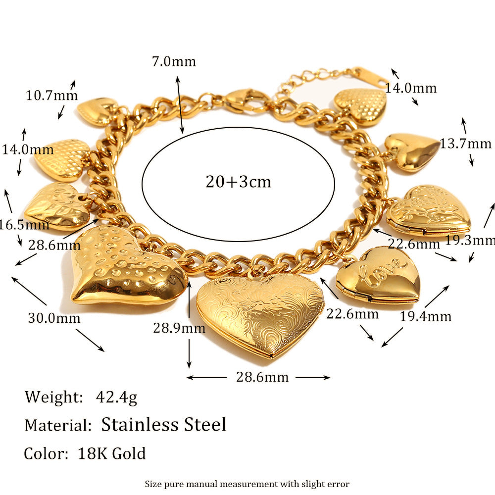 Fashionable Vintage Heart-Shaped Stainless Steel Plated 18K Gold Love Box Bracelet for Women