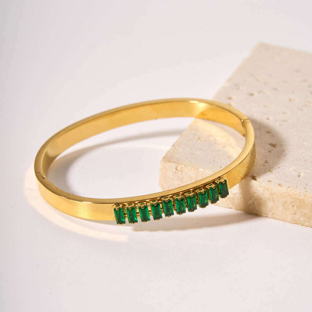 Vintage-Inspired Titanium Steel Bracelet with 18K Gold Plating and Green Zircon Inlay, Geometric Ring-Shaped Design for Women