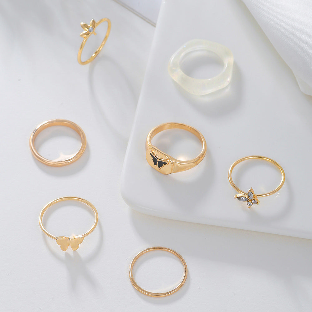 Sweet Streetwear Geometric Butterfly Drip Oil Crystal Inlay Alloy Acrylic Ring Set for Women
