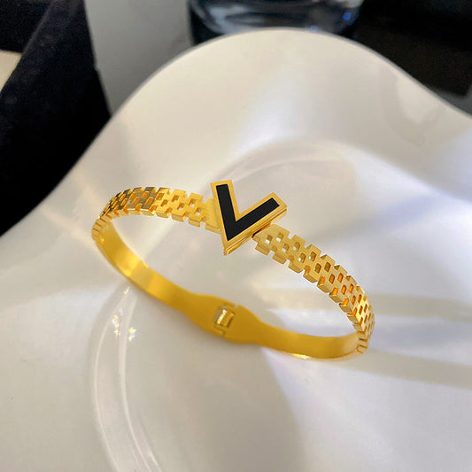 Vintage Minimalist Black Letter V Hollow Design Titanium Steel Bracelet for Women