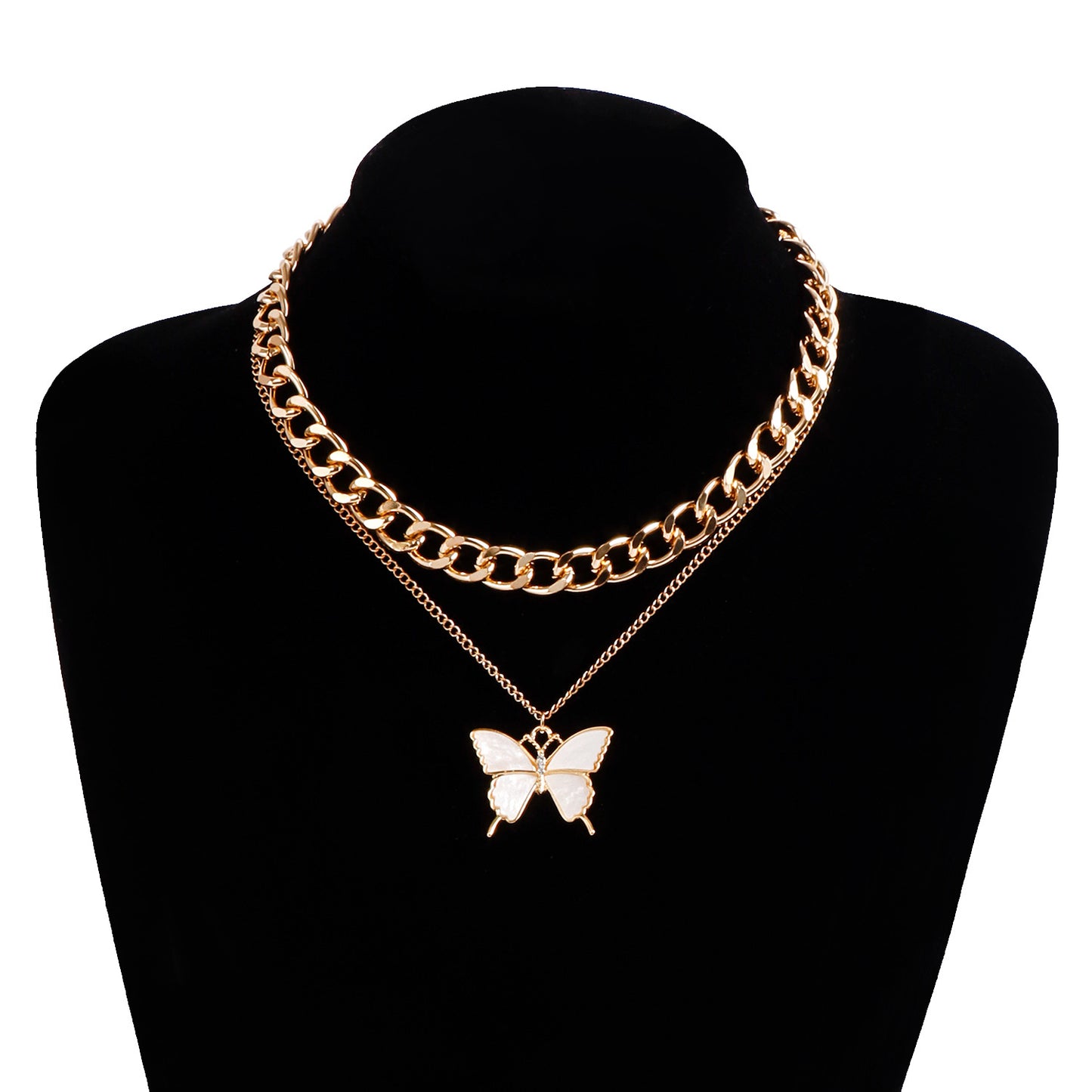 Elegant Two-Tier White Butterfly Alloy Necklace for Women with Plated Metal Finish and Clavicle Chain Style