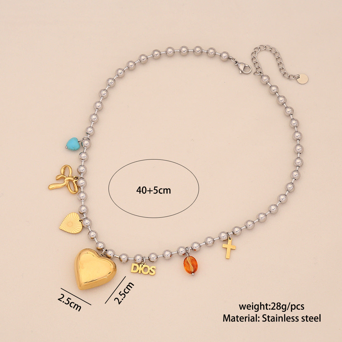 Dopamine-Inspired Heart and Cross Pendant Necklace in Gold-Plated Stainless Steel for Women
