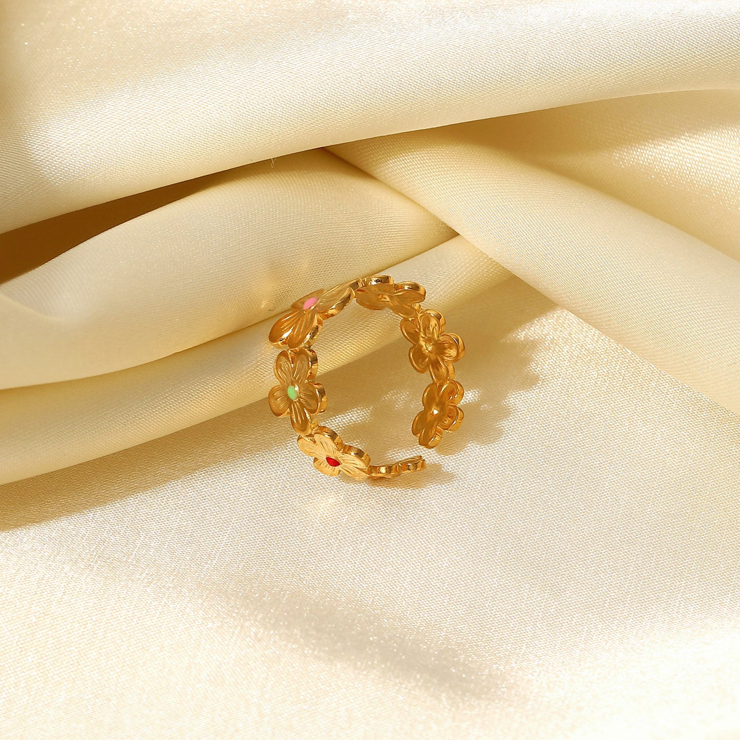 Ins Style Geometric Flower Enamel Plated 18K Gold Stainless Steel Ring for Women