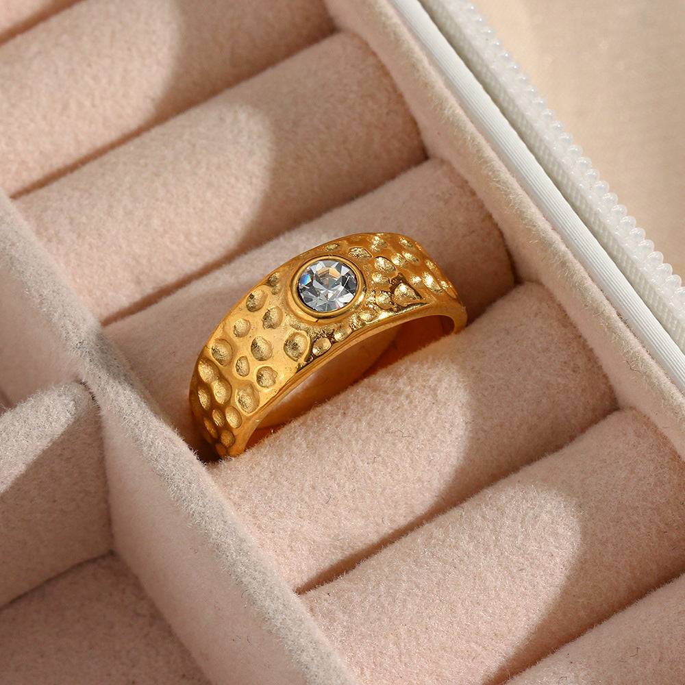 Minimalist Geometric Stainless Steel Plated 18K Gold Moon Surface Ring with Zirconia Accent for Women