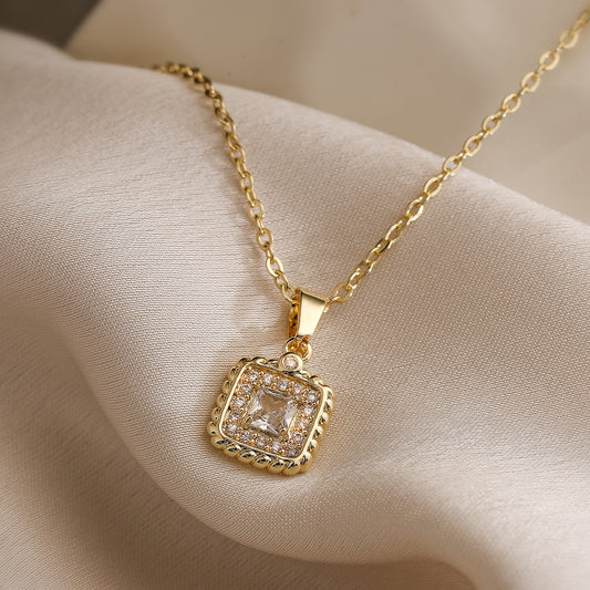 Minimalist Geometric Zircon Square Pendant Necklace for Women Copper Chain Delicate Clavicle Jewelry