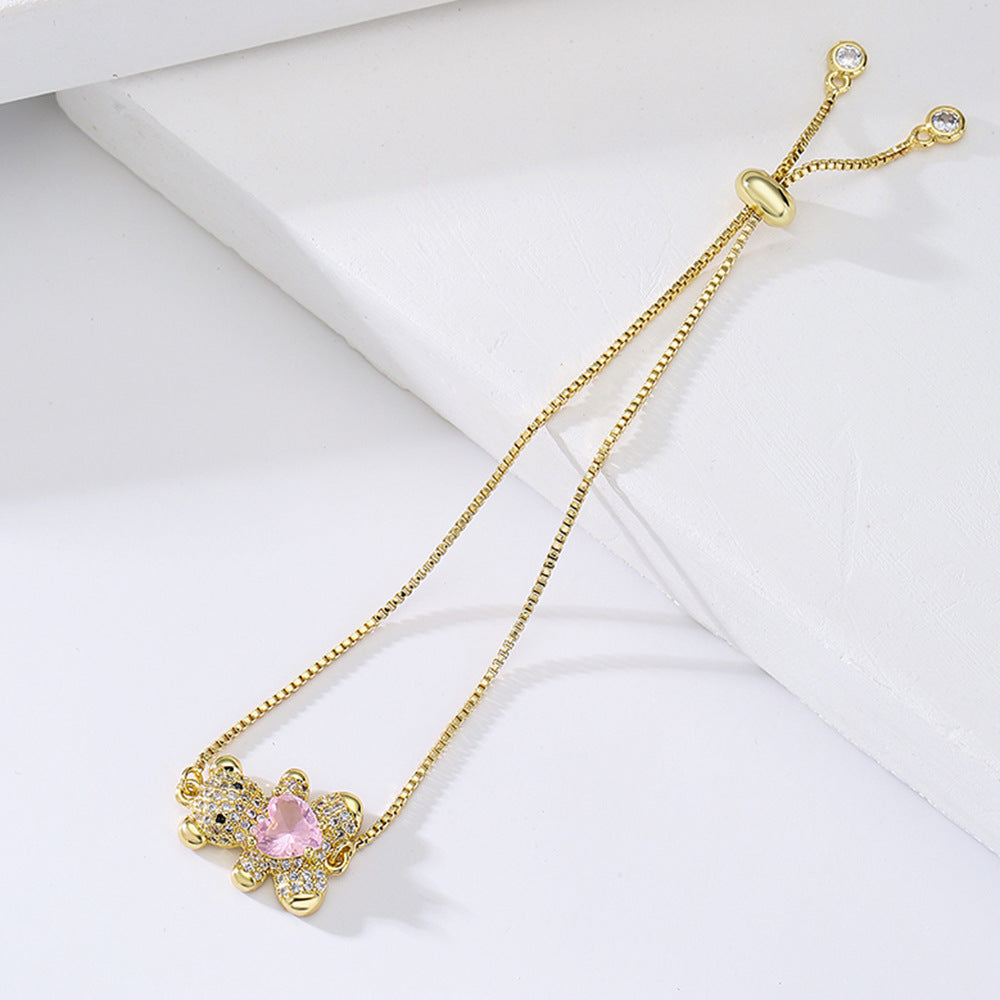 Cute Heart-Shaped Bear Adjustable Drawstring Bracelet for Women in Copper with Zircon Inlay