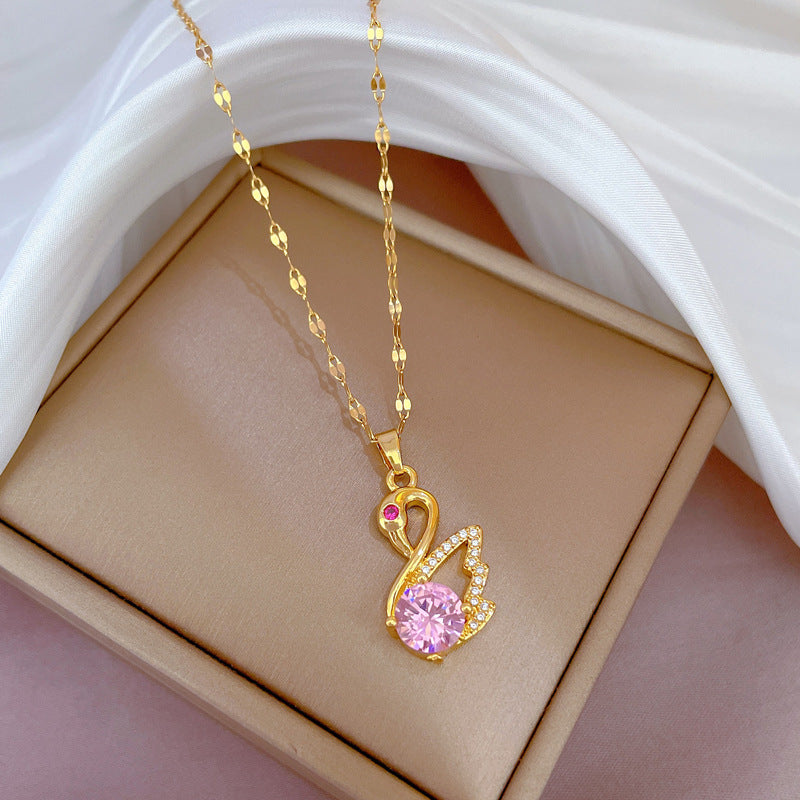 Luxury Swan Pendant Necklace for Women Titanium Steel Geometric Inlaid Rhinestone Clavicle Chain with Plated Finish