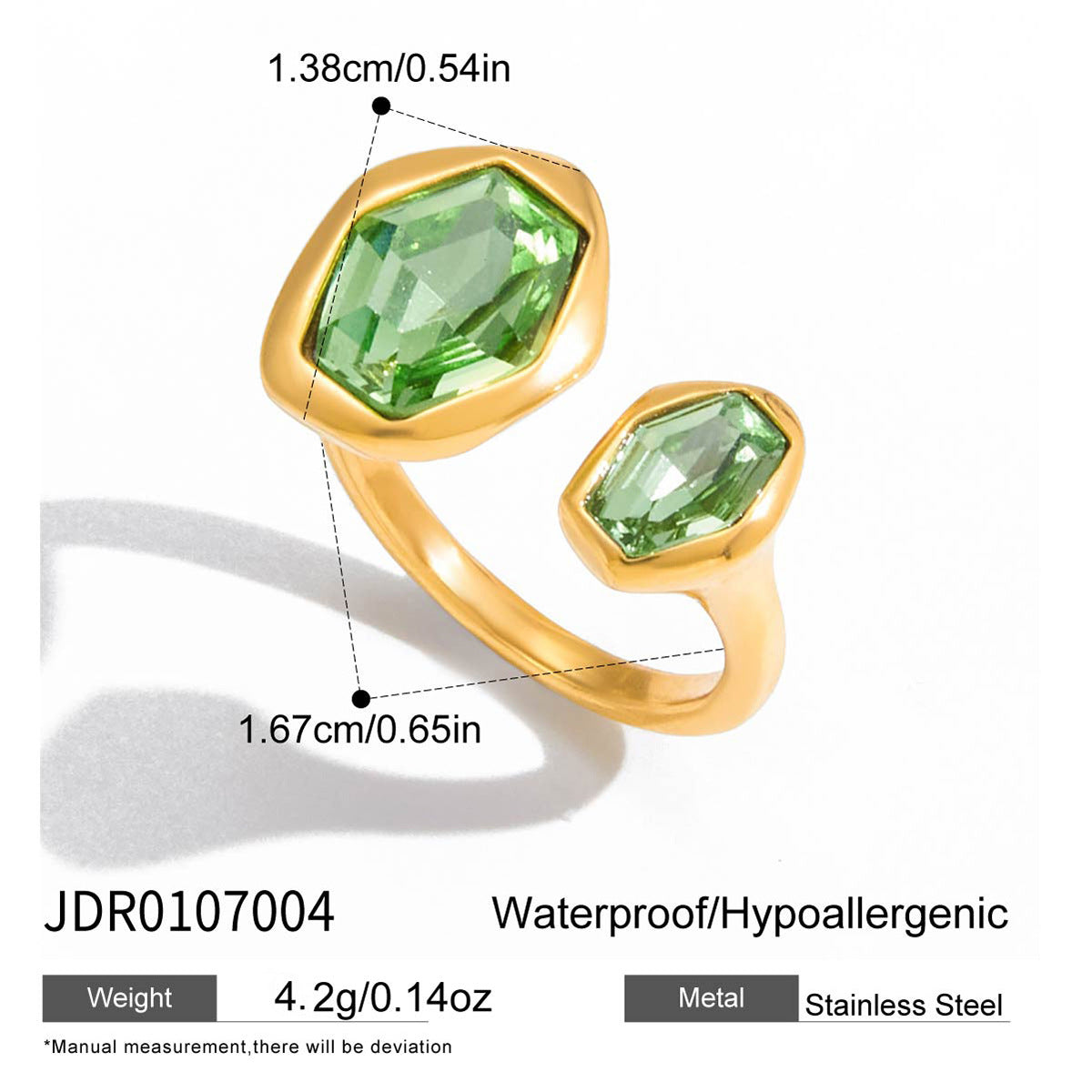 Anillo de acero de titanio octogonal geométrico con incrustaciones de circonita verde, galvanizado para una joyería de lujo femenina resistente a la decoloración