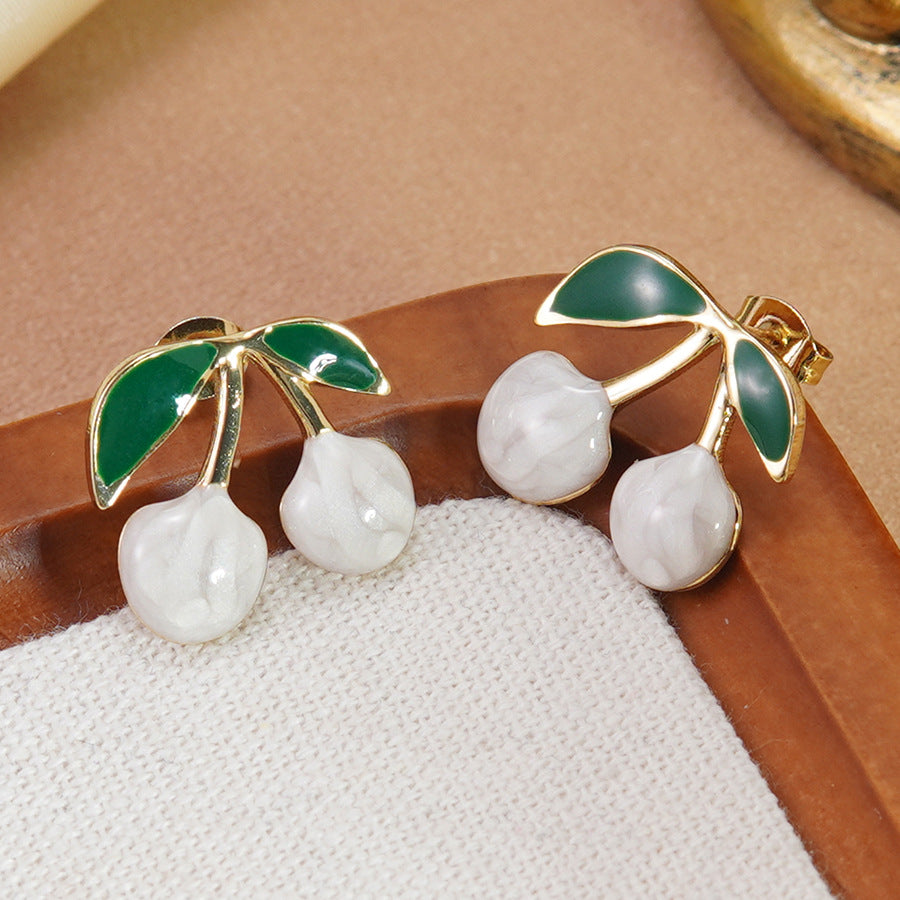 Sweet Drip Oil Stainless Steel Cherry Earrings for Women
