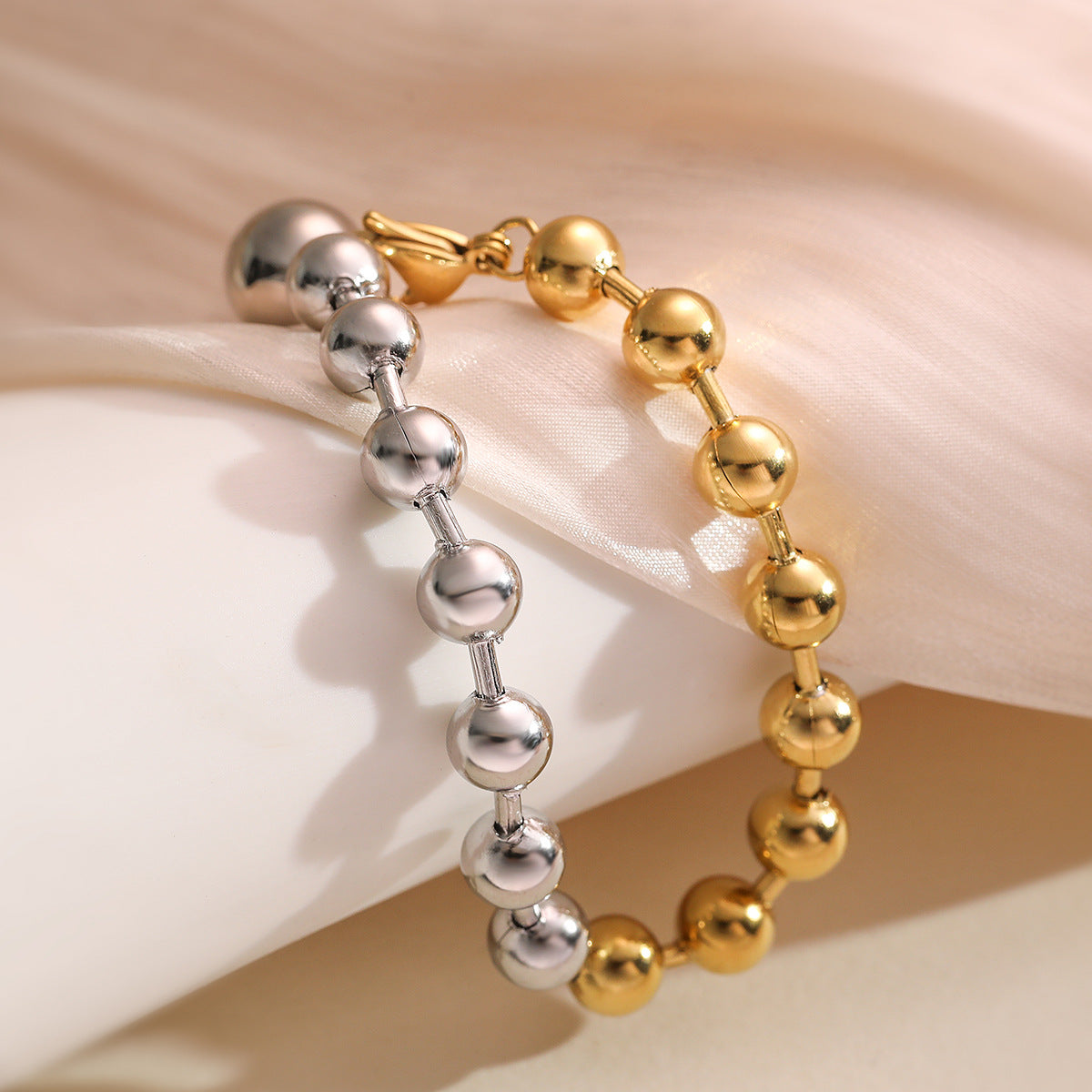 Minimalist Geometric Stainless Steel Beaded Bracelet for Women with Plated Finish and Irregular Color-Blocking Design
