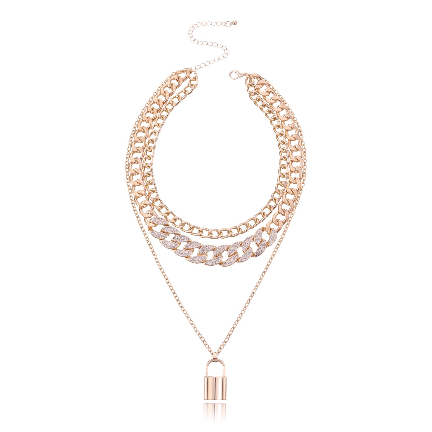 Geometric Alloy Lock Pendant Necklace for Women, Multi-Layer Rhinestone-Embedded Chain Jewelry, Elegant and Versatile