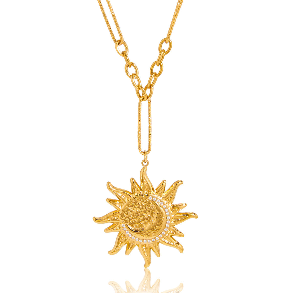 Minimalist Stainless Steel Sun Pendant Necklace and Earring Set for Women with PVD Plated Cable Chain