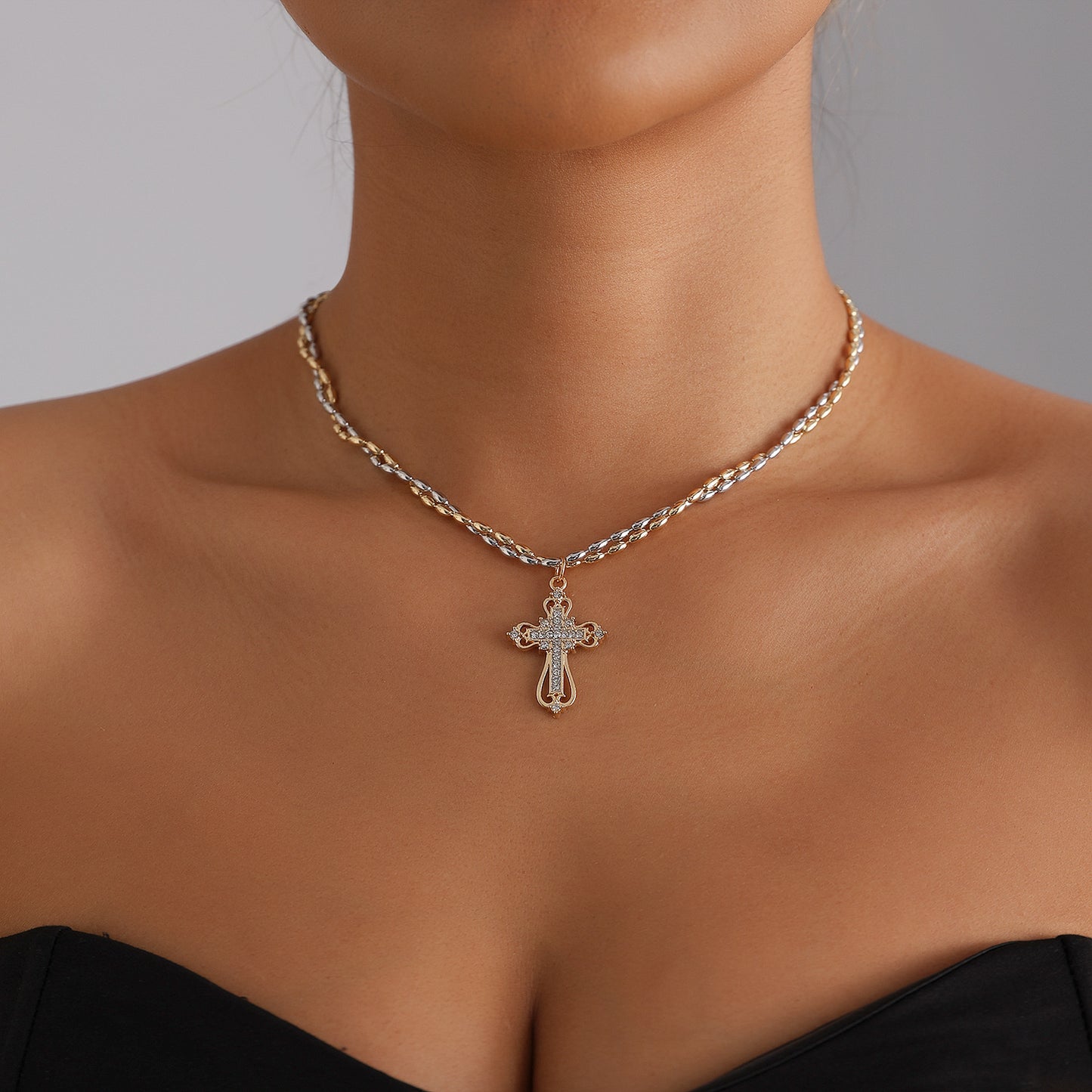 Minimalist Two-Tone Gold and Silver Plated Alloy Geometric Cross Necklace for Women