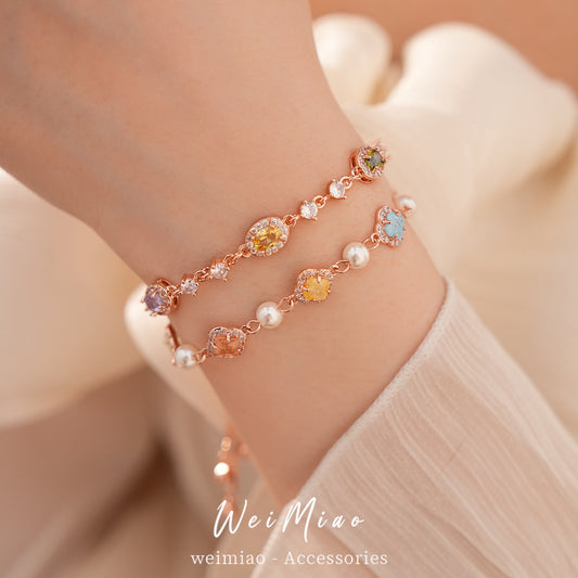 Luxury Sweet Oval Geometric Floral Brass Inlaid Cubic Zirconia Pearl Adjustable Bracelet for Women