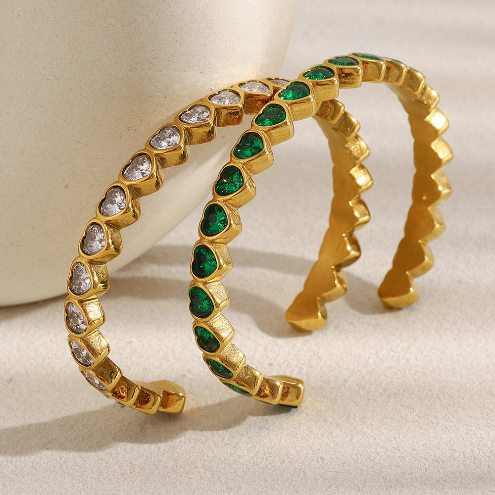 Minimalist Heart-Shaped Stainless Steel Plated 18K Gold Zirconia Full-Pavé Bracelet for Women