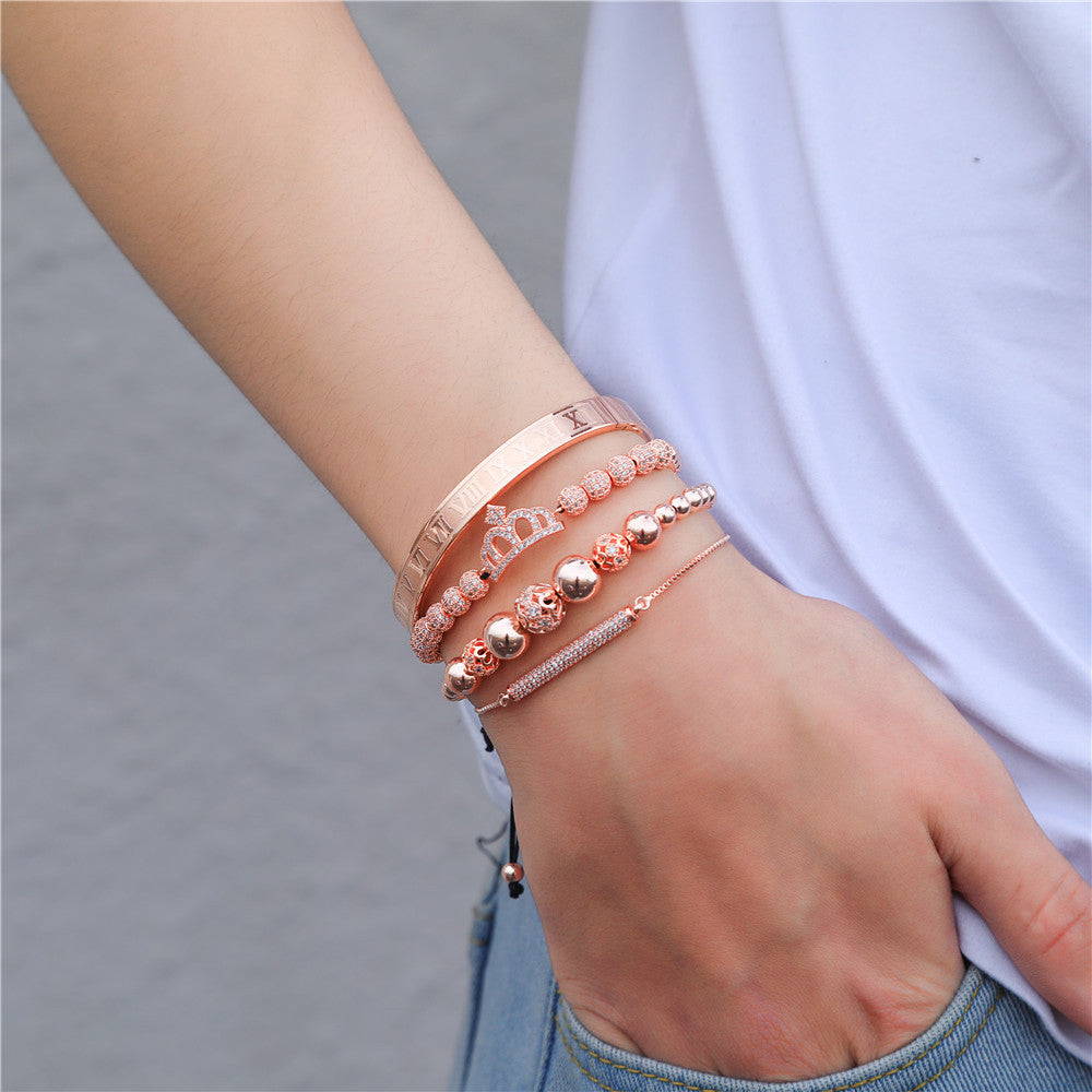 Geometric Roman Letter Crown Woven Titanium Steel C-Shape Open Bangle Bracelet Set for Women