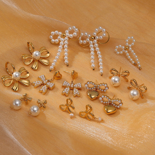 Minimalist Pearl Bow Titanium Steel Earrings for Women with Plated Finish and Heart-Shaped Design