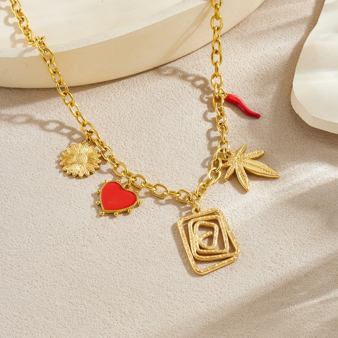 Vintage Gold Plated Geometric Square Leaf Heart Drip Oil Stainless Steel Pendant Necklace for Women