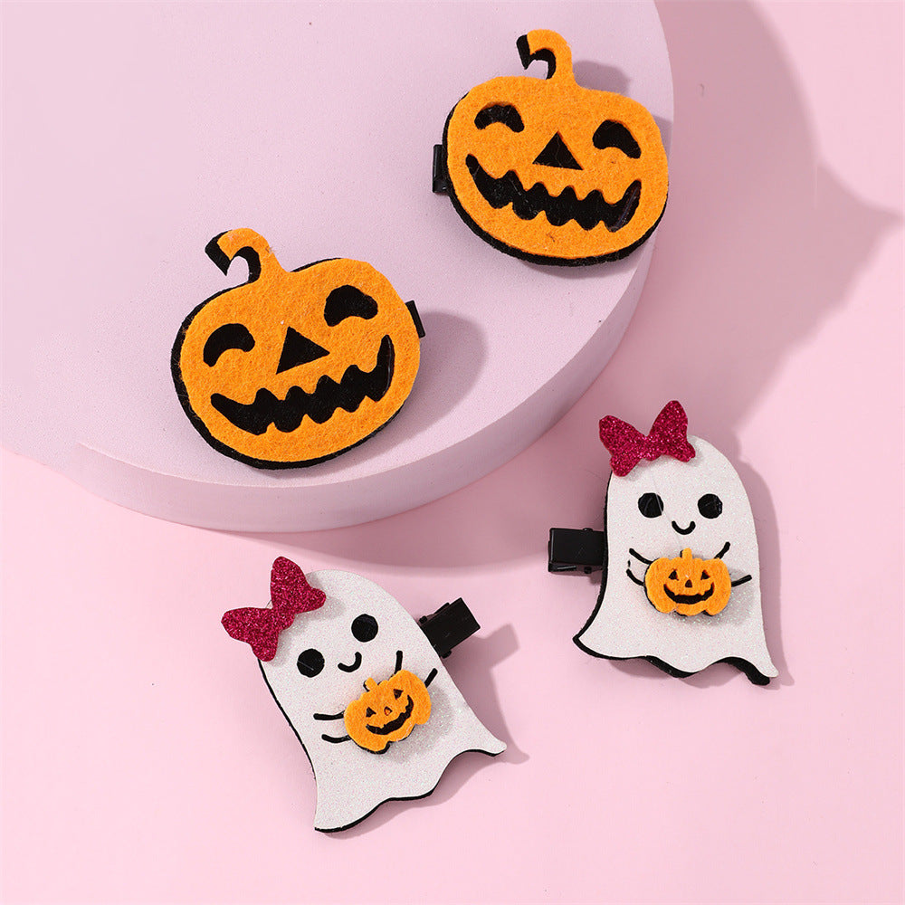 Halloween Ghost and Pumpkin Shaped Metal Hair Clips for Kids with Geometric Design, Two-Pair Set