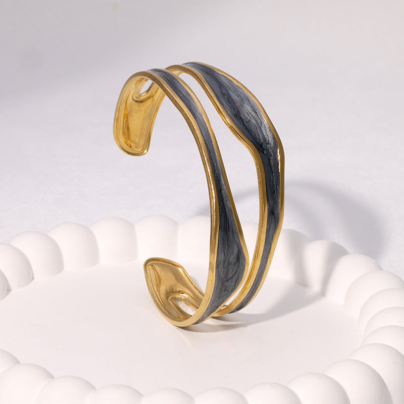 Minimalist Irregular Enamel Gold-Plated Stainless Steel Cuff Bracelet for Women
