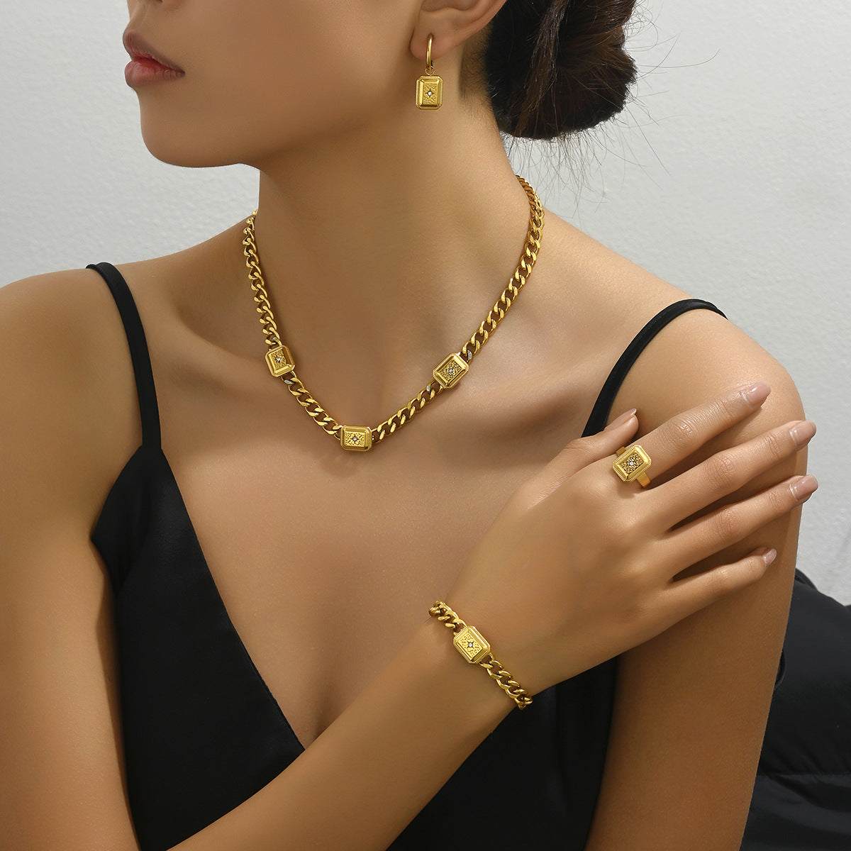 Set di bracciale, anello, orecchini e collana in rame con zirconi, geometrico, lusso minimalista, da donna