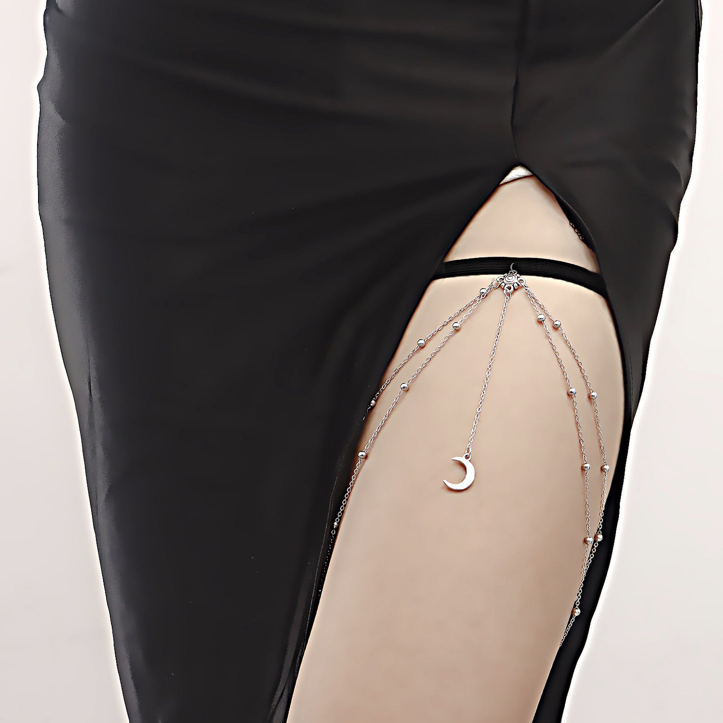Geometric Moon Pendant Body Chain with Tassel Detail for Women Alloy Double-Layer Beaded Chain