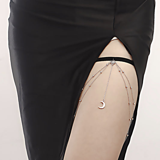 Cadena Corporal con Colgante de Luna Geométrica y Borla para Mujer, Cadena de Cuentas de Aleación de Doble Capa