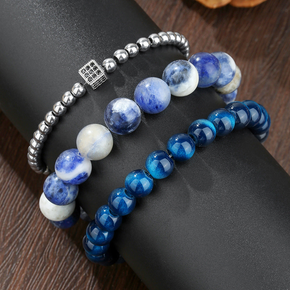 Minimalist Blue Dot Blue Tiger Eye Round Beaded Stretch Bracelet Set with Cubic Zirconia
