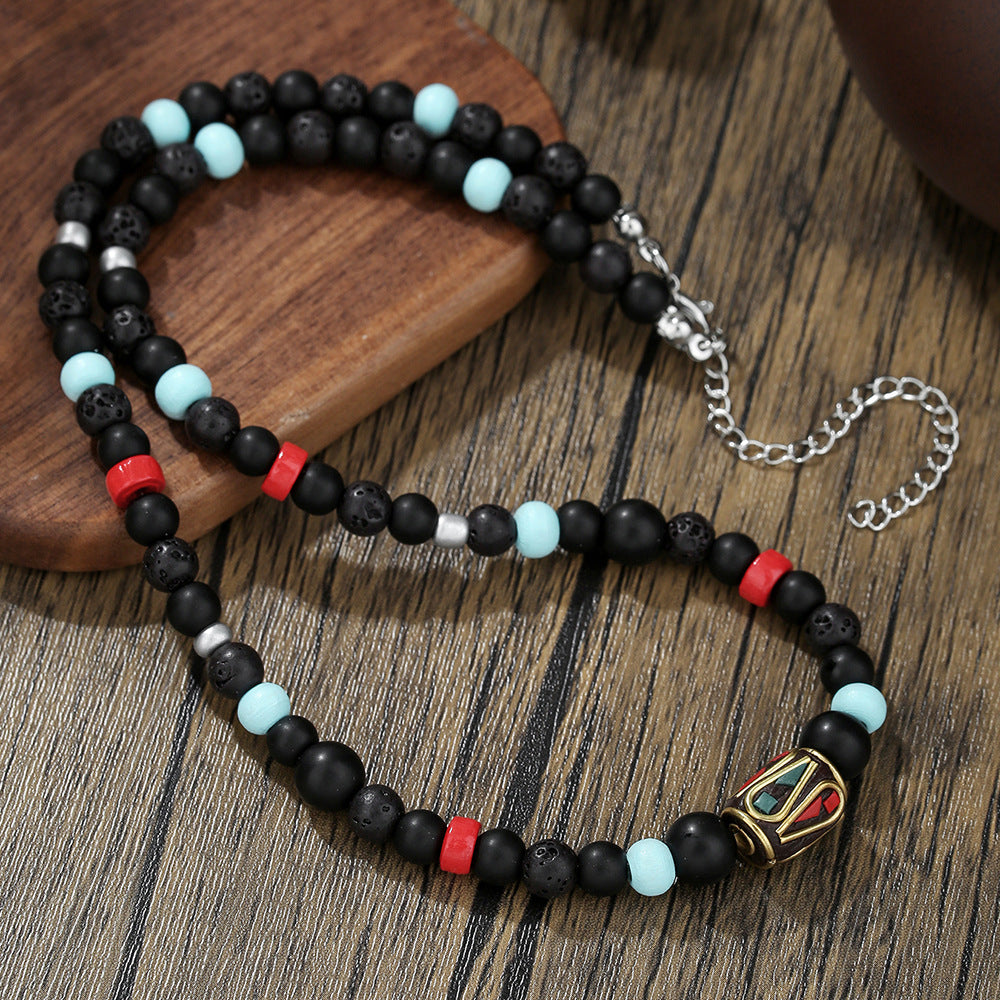 Vintage Ethnic Men's Multi-Layer Leather Necklace with Triangle Geometric Alloy Pendant and Black Agate Beads