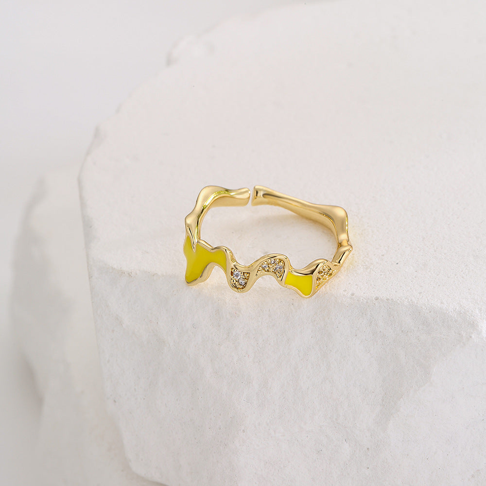 INS Style Irregular Geometric Open Ring for Women Made of Copper with 18K Gold Plating and Enamel-Set Zirconia