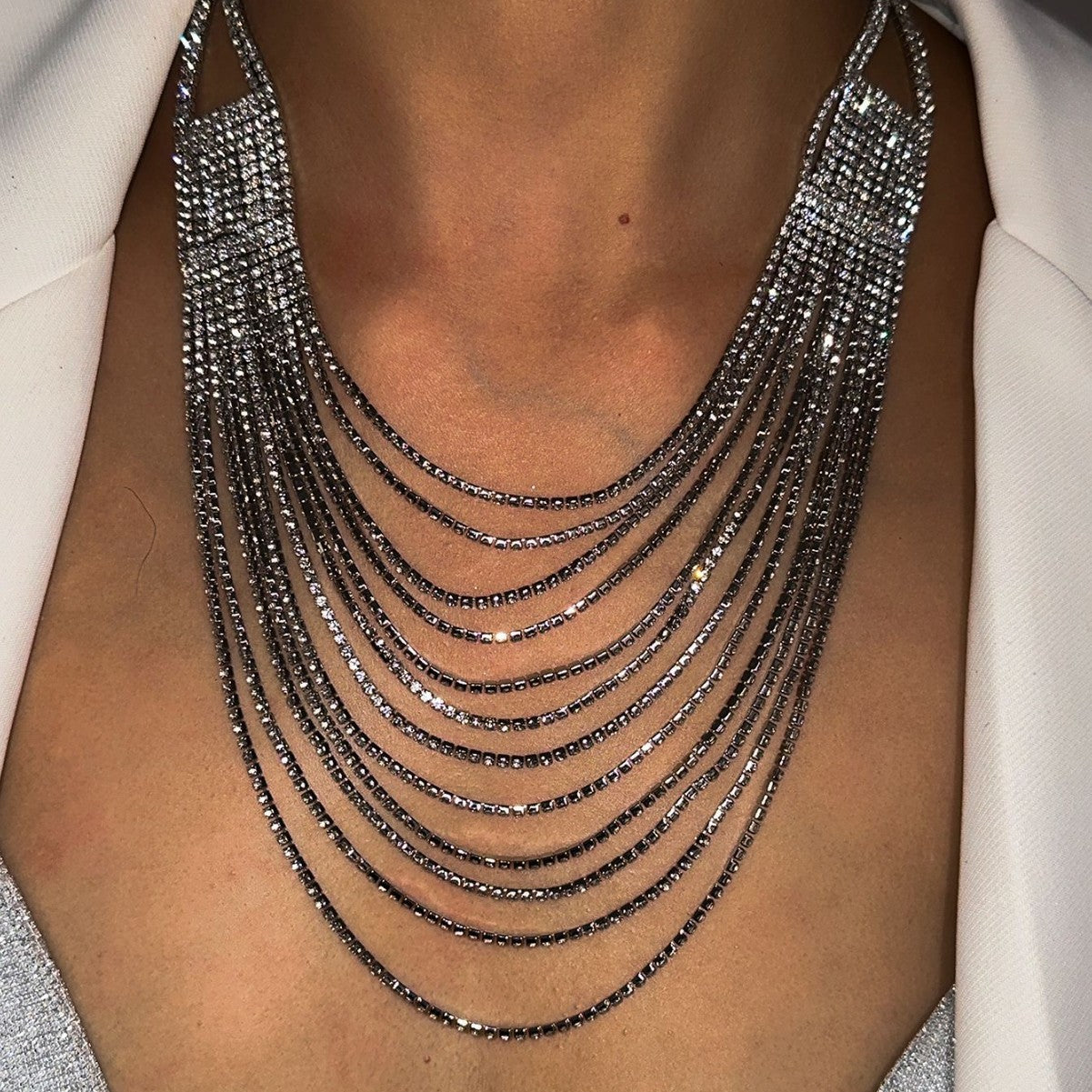 Minimalist Luxury Geometric Rhinestone Plated Alloy Multi-layer Tassel Necklace for Women