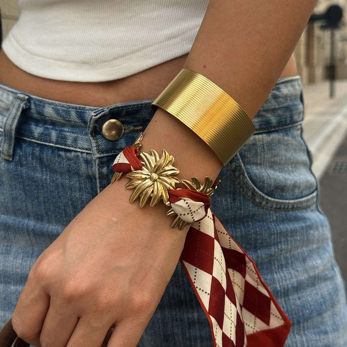 Vintage Round Geometric Floral Plated Stainless Steel Open Cuff Bracelet