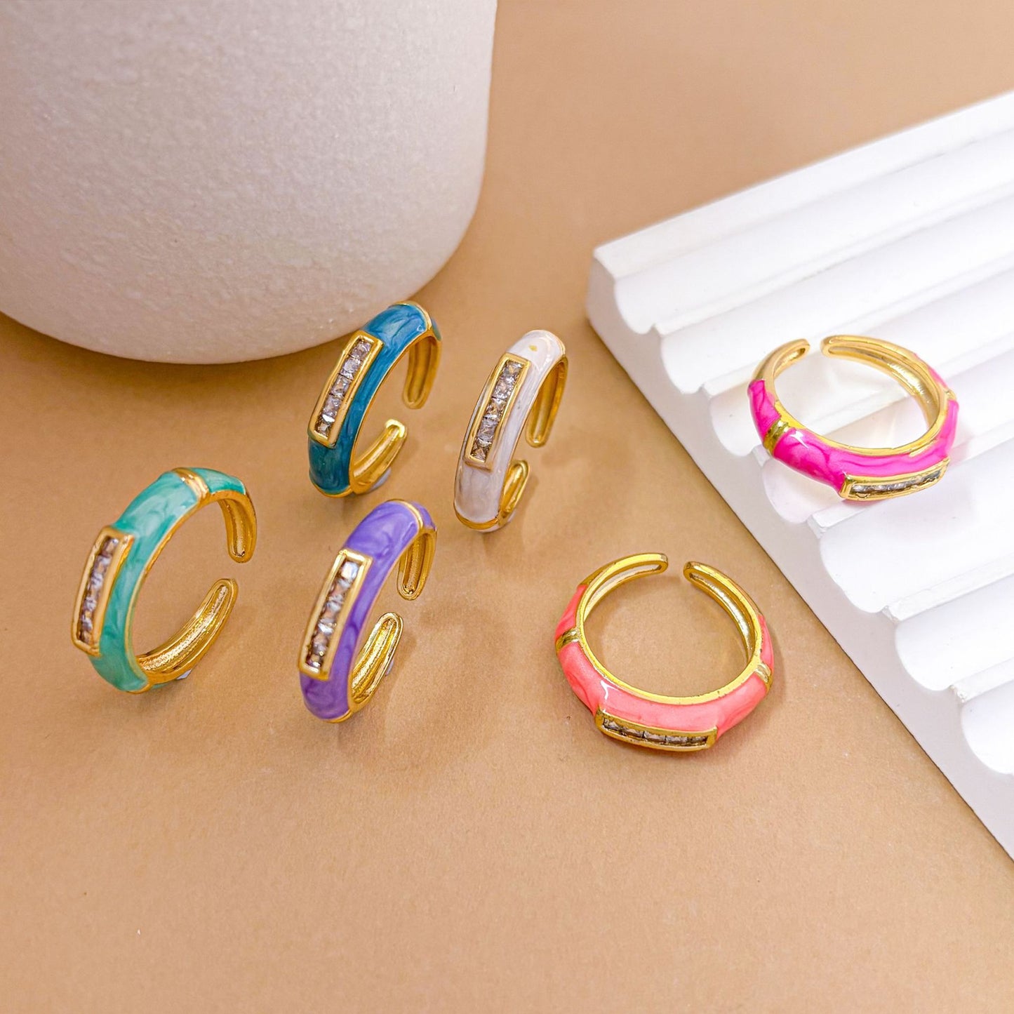 Anillo abierto de esmalte de latón chapado en oro, geométrico cuadrado minimalista para mujer