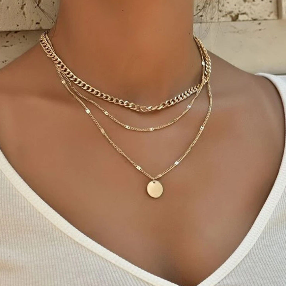 Collar con colgante de aleación redonda de varias capas y cadena singapur