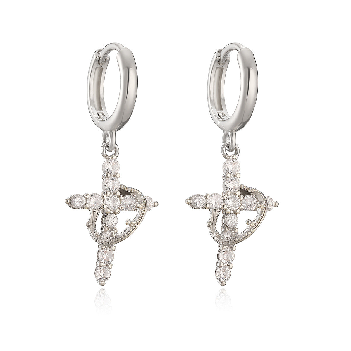Luxury 18K Gold Plated Brass Cross Earrings with Cubic Zirconia for Women
