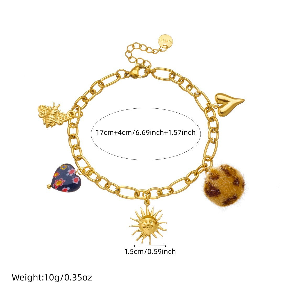 Vintage Leopard Print Floral Heart Round Gold Plated Stainless Steel Bracelet