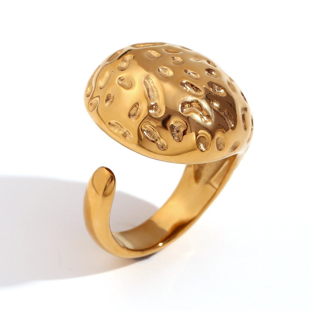 Anello da Donna Minimalista Geometrico in Acciaio Inossidabile Placcato Oro 18K, Texture Martellata, Design a Goccia Aperto