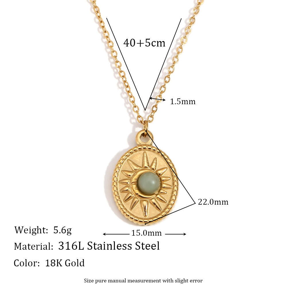 Vintage Palace Style Geometric Stainless Steel 18K Gold Plated Necklace for Women with Natural Stone and Shell Pendant