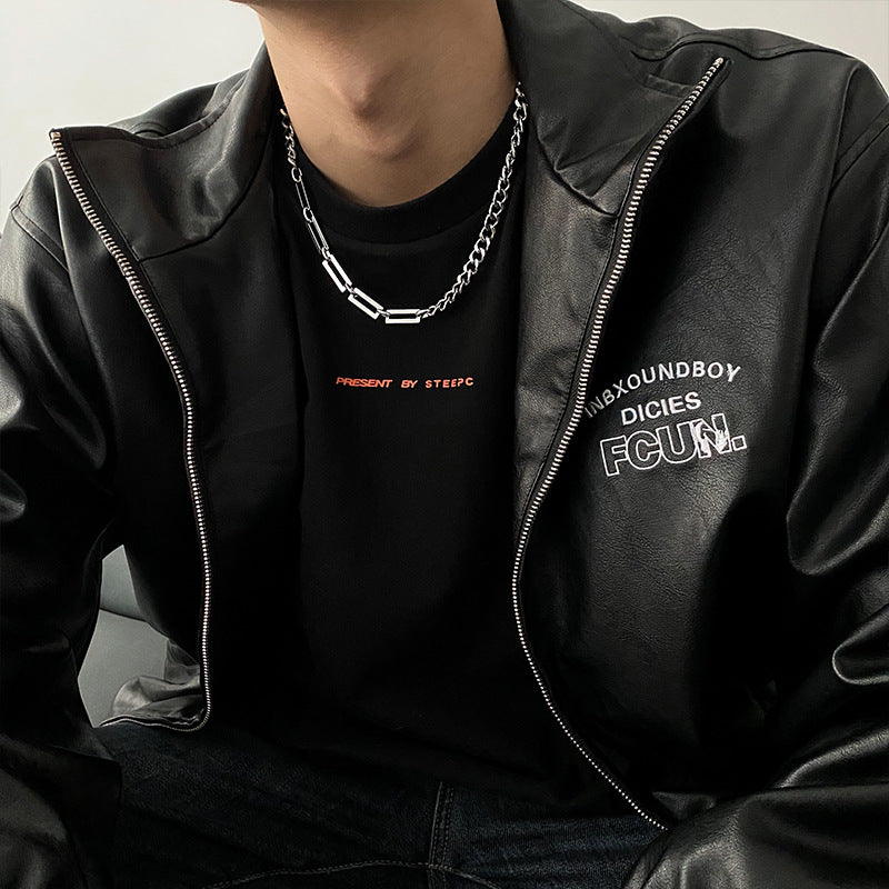 Collar de cadena cubana de acero de titanio geométrico Hip Hop para hombres y mujeres con acabado galvanizado y diseño de panel contrastante