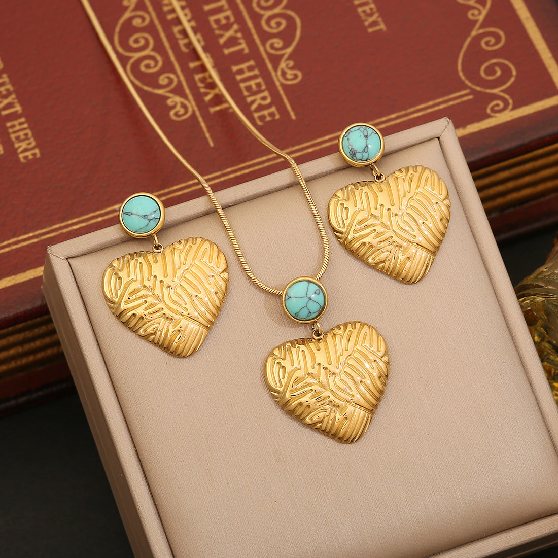 Vintage Geometric Irregular Pendant Necklace Set with Turquoise Accents Stainless Steel Heart Charm and O-Chain